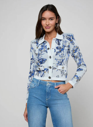 L'Agence Osiris Jacquard Collared Cardi-Gray Multi Watercolor Butterfly