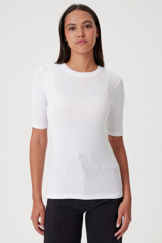 Goldie Half Sleeve Ribbed Crew Neck Tee-White