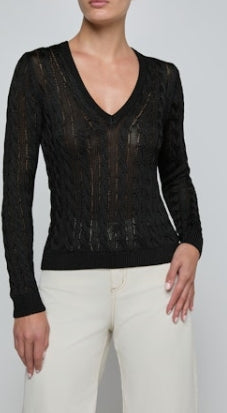 L'AGENCE Preston Cable V Neck Pullover - Black