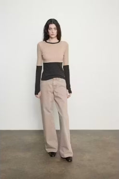Enza Costa Cashmere Jersey New Classic Block Crewneck Sweater-Khaki/Charcoal