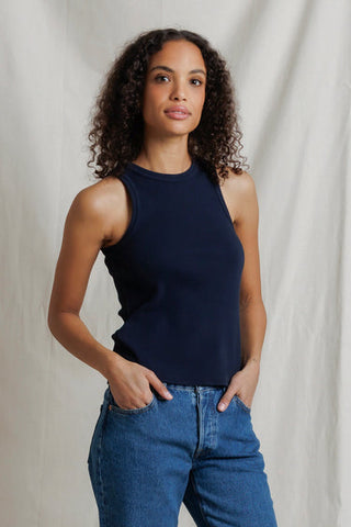Perfectwhitetee Daphne Structured Ribbed High Neck Tank-Navy or Dark Heather Grey