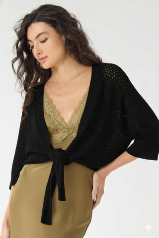 Autumn Cashmere Mesh Dolman Tie Front Cardi-Black
