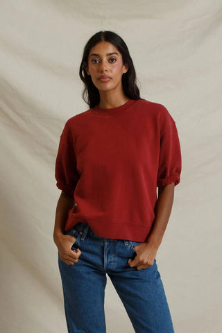 Perfectwhitetee Rebecca French Terry 3/4 Puff Sleeve Sweatshirt-Ruby Red