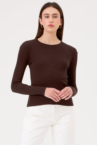 Goldie Long Sleeve Ribbed Crew Neck Tee -Coffee