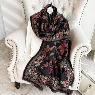 Funkyrel Scarvii Printed Bird and Paisley Fringed Scarf-Black