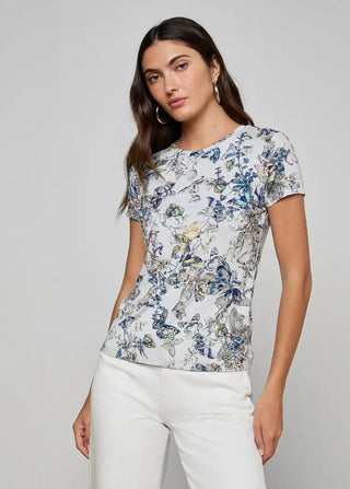 L'Agence Ressi Short Sleeve Crewneck Tee-Grey Multi Watercolor Butterfly