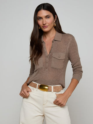 L'AGENCE Carine Pointelle Collared Sweater - Mushroom