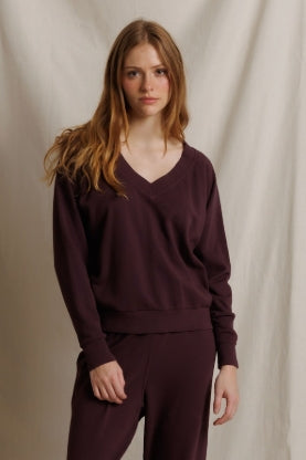Perfectwhitetee Sinead Relaxed French Terry V Neck Sweatshirt-Cherry Lacquer