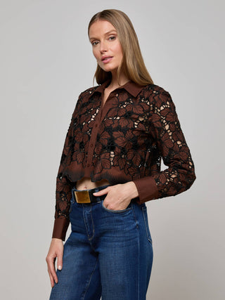 L'Agence Seychelle Cropped Eyelet Blouse-Hot Fudge/Black