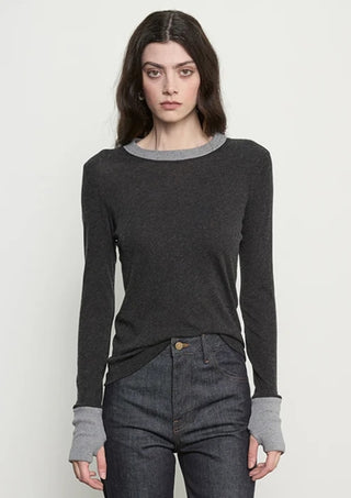 Enza Costa Cashmere Jersey Contrast Easy Cuffed Crew Sweater -Charcoal/Smoke
