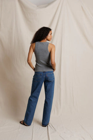 Perfectwhitetee Daphne Structured Ribbed High Neck Tank-Navy or Dark Heather Grey