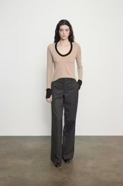 Enza Costa Cashmere Jersey Contrast Easy Cuffed Sweater-Khaki/Black