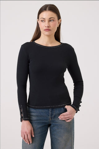 Goldie Metallic Rib Crew-Black with Silver