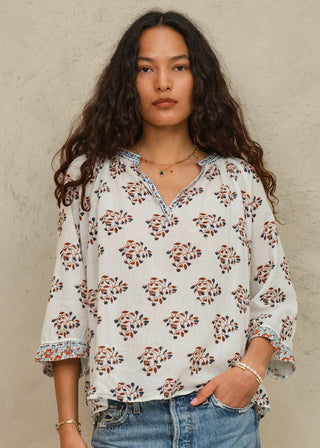 M.A.B.E Stella Print Long Sleeve Top-Ecru/Rust
