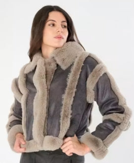 Rosa Distressed Scuba Suede Faux Fur Trim Jacket-Coal