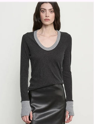 Enza Costa Cashmere Jersey Contrast Easy Cuffed Sweater-Charcoal/Smoke