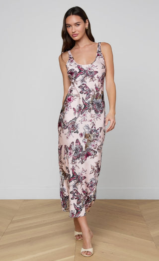L'AGENCE Akiya Satin Maxi Dress In Light Nectar Pink Multi Large Butterfly Jungle L'AGENCE Akiya Satin Maxi Dress In Light Nectar Pink Multi Large Butterfly Jungle