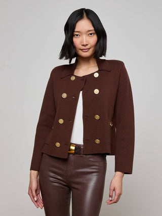 L'Agence Madilyn Double Breasted Knit Jacket-Chocolate/Gold