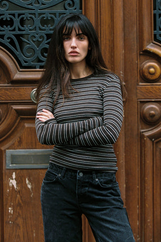 Goldie Long Sleeve Lina  Vintage Stripe Top Crew Neck Tee -Coffee