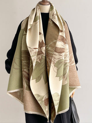 Funkyrel Scarvii - Reversible Vintage Floral-Plant Print Scarf Shawl-Green or Brown
