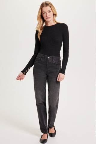 Goldie Button Sleeve Crew-Black