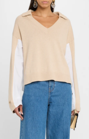 Naadam Cotton Cashmere Mixed Media V Neck-Beige Combo