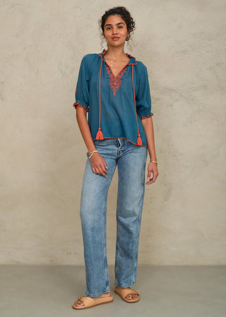 M.A.B.E. Talia Embroidered Short Sleeve Top-Blue/Orange