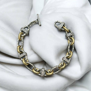 Tat2 Designs Vintage Silver Two-Tone Pavé Ravelle Thin Hammered Chain Bracelet