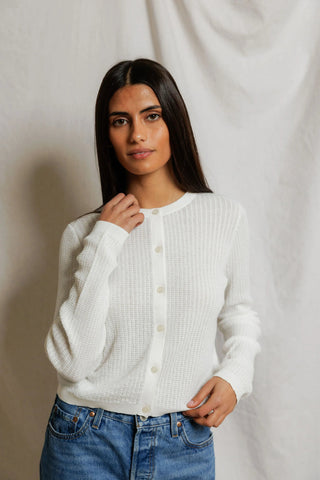 Perfectwhitetee Ada Pointelle Button Down Long Sleeve Sweater-White