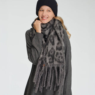 Hana C.C. Woven Leopard Pattern Print with Fringe Scarf-Gray or Brown