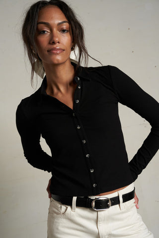 Perfectwhitetee Amee Luxe Rib Long Sleeve Button Polo - True Black