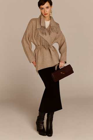Naadam Wool Tie Waist Fringe Coat - Timber