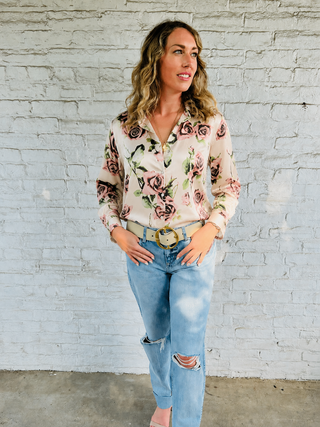 L'Agence Tyler Long Sleeve Blouse-Ecru/Mauve Romantic Rose