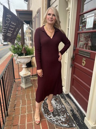 Lilla P Long Sleeve Rib Henley Dress-Dark Cherry