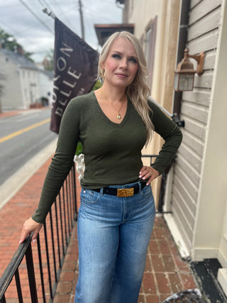 Lilla P Rib Slub Long Sleeve V Neck Top-Lichen or Talc