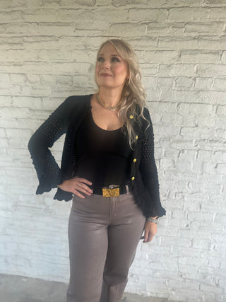 L'Agence Kiva Open Stitch Ruffle Cardi-Black/Gold