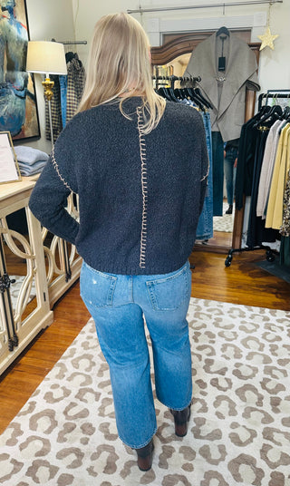 Autumn Cashmere Boxy Crew w/Blanket Stitched Reversed Seams-Charcoal/Paper Bag