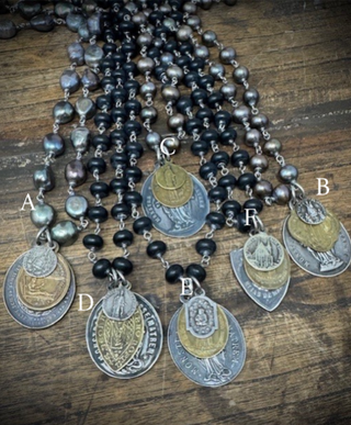 Shannon Koszyk One of a Kind Short Necklace with Peacock Pearls and Vintage Charms-C