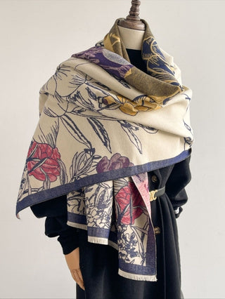 Funkyrel Scarvii - Reversible Vintage Floral-Plant Print Scarf Shawl-Blue or Pink - Pink