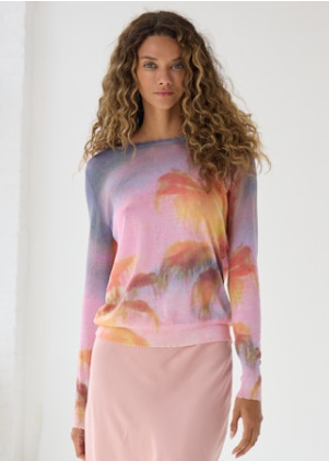 Autumn Cashmere Palm Print Loose Gauge Long Sleeve Distressed Crew Purple/Orange Combo