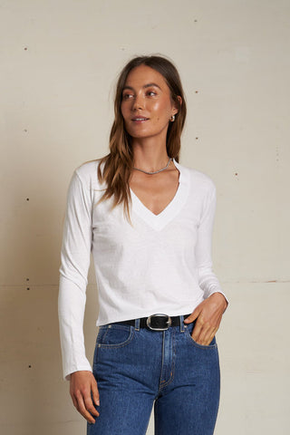 Perfectwhitetee Fiona Long Sleeve Recycled V Neck - White