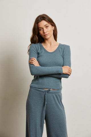 Perfectwhitetee Esme brushed Waffle Longsleeve U Neck Tee-Slate