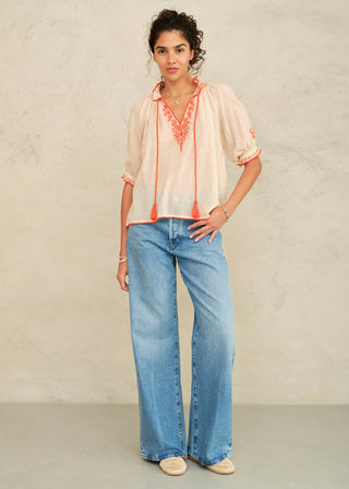 M.A.B.E. Talia Embroidered Short Sleeve Top-Beige/Orange