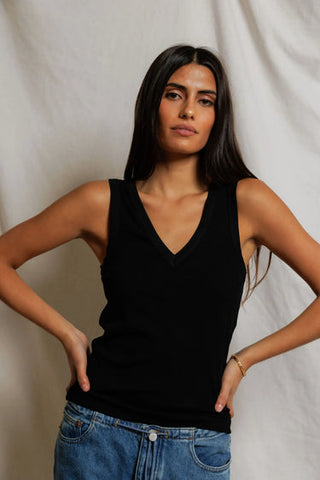 Perfectwhitetee Mallory V neck Luxe Rib Tank-True Black
