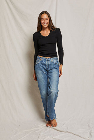 Perfectwhitetee Luxe Ribbed Long Sleeve  U-Neck Tee- True Black or Sugar