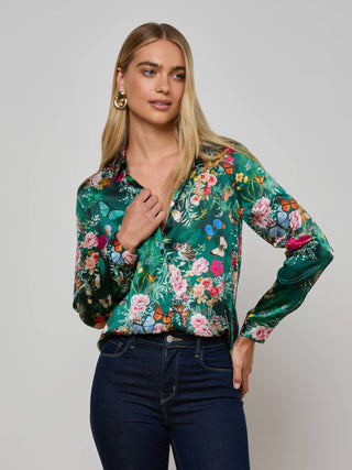 L'Agence Tyler Long Sleeve Blouse-Bottle Green Multi Chardona Butterfly
