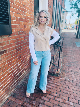 Naadam Cotton Cashmere Mixed Media Double Breasted Blazer-Beige Combo