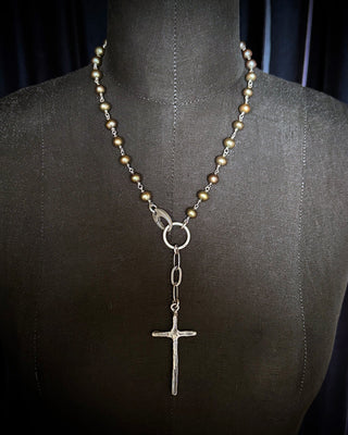 Shannon Koszyk Industrial Peacock Freshwater Pearl Cross Necklace