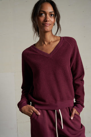 Perfectwhitetee Zuri Reverse Fleece V Neck Sweatshirt - Dark Burgundy