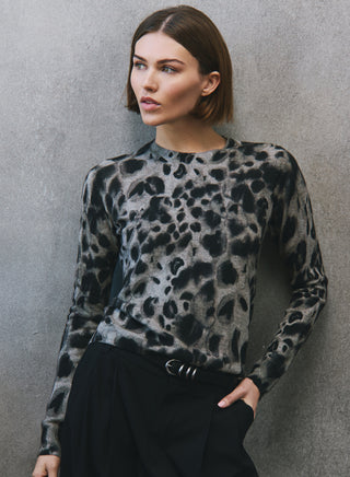 Autumn Cashmere Watercolor Print Cheetah Crew Sweater-Grey Combo